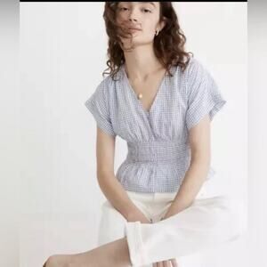 Madewell V-Neck Smocked Waist Gingham Seersucker Cropped Top Size Small